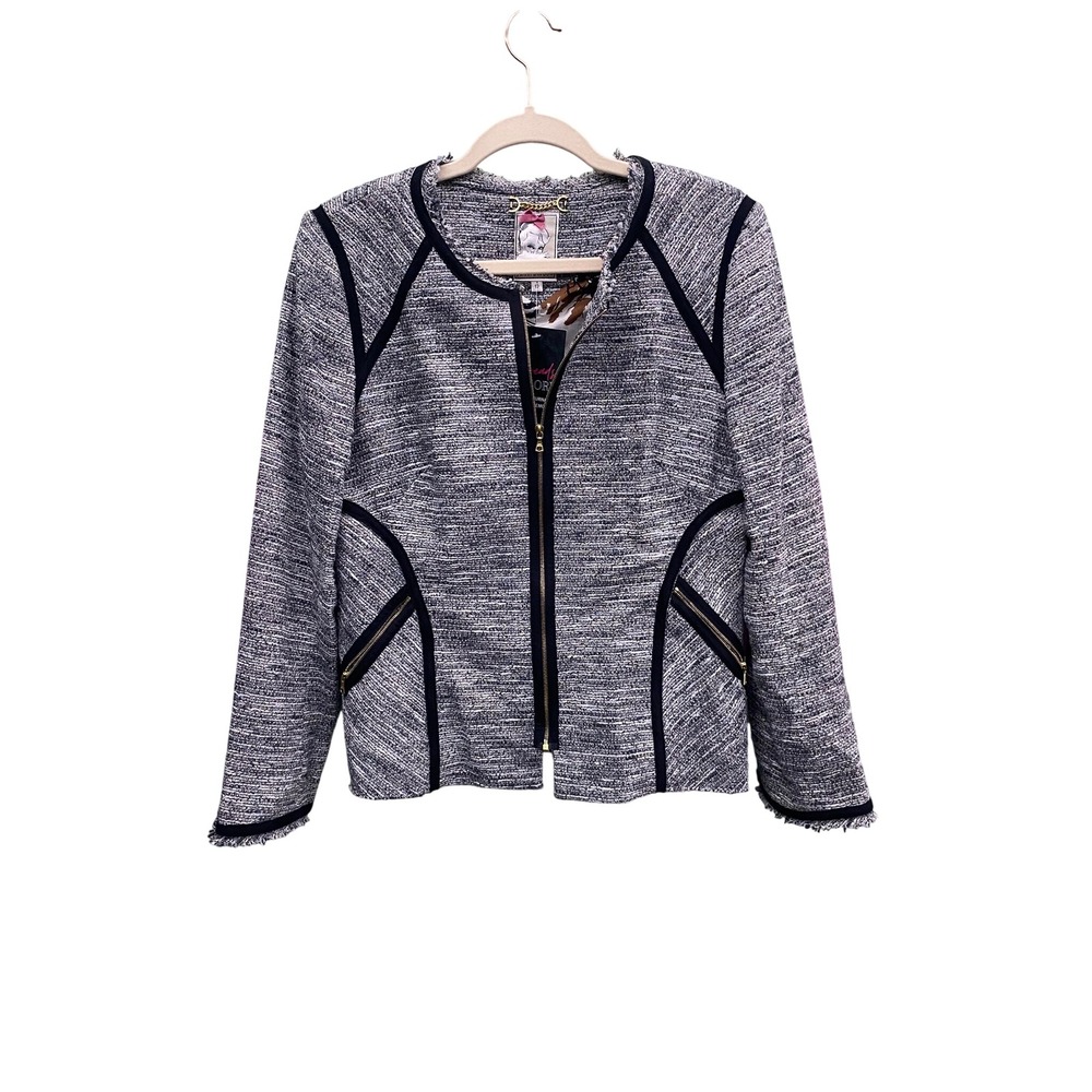 Yoana Baraschi Womens blue Grey Tweed Zip Up Jacket NYC Fringed Size 10 Preppy